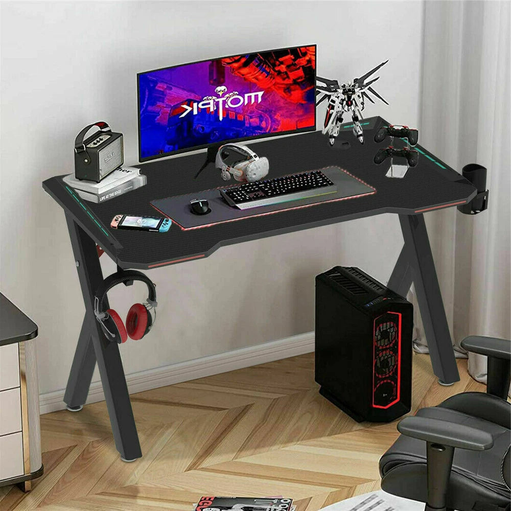 XXL Gaming Desk RGB LED Computer Racing Table Carbon Fiber PC Gamer Workstation
