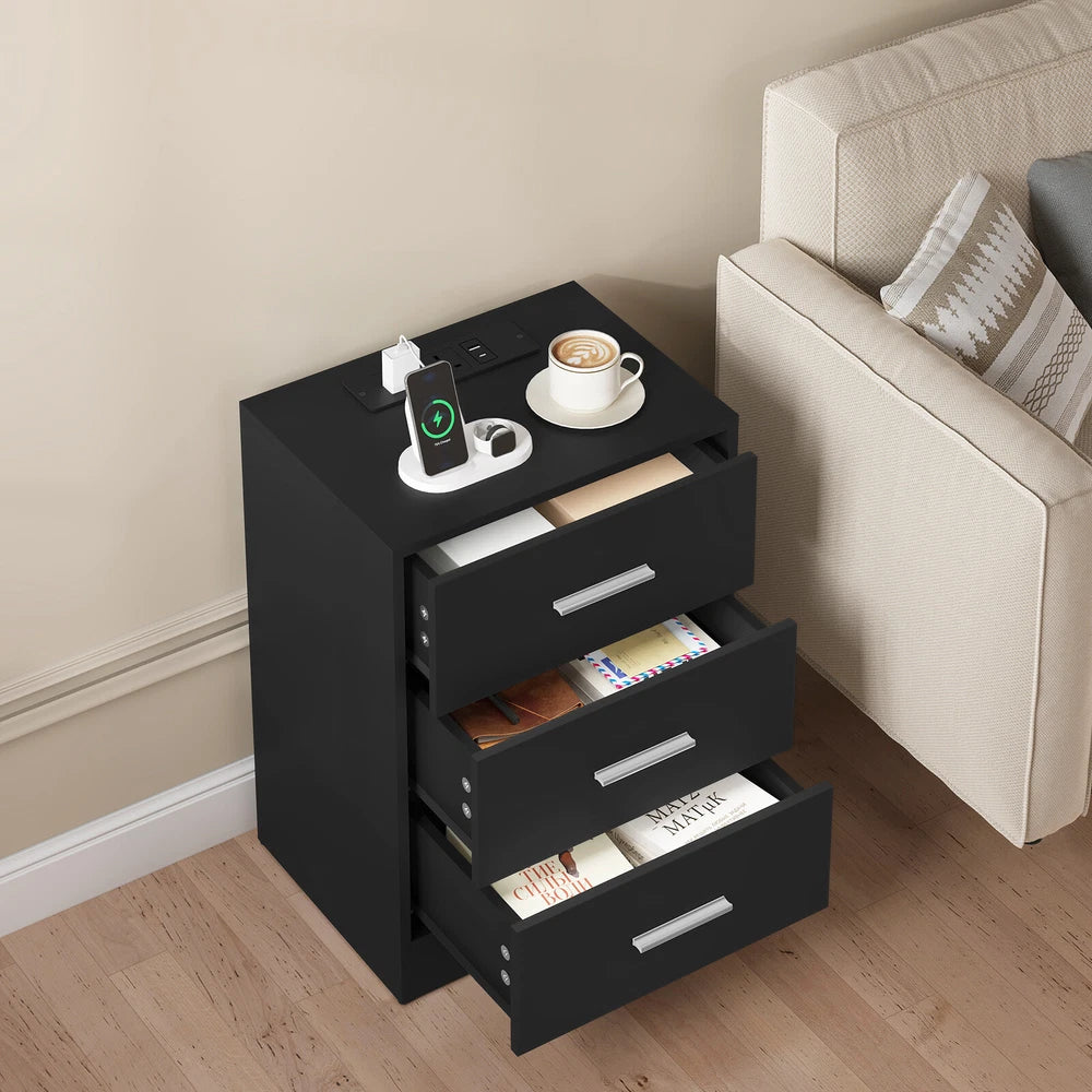 1/2x Bedside Table Cabinets w/ Charging Station Nightstand Storage Unit 3 Drawer