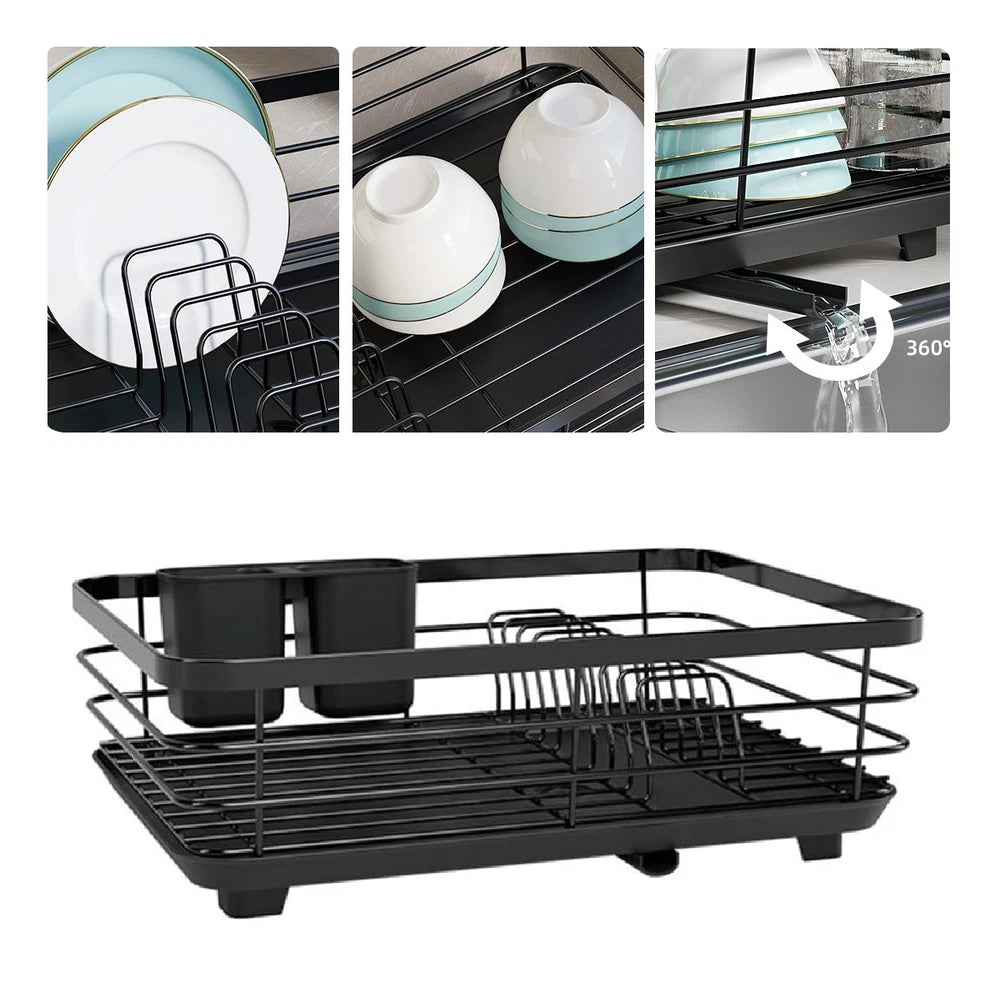 2 TIER KITCHEN SINK DISH DRAINER RACK WITH DRIP TRAY CUTLERY HOLDER PLATE RACK