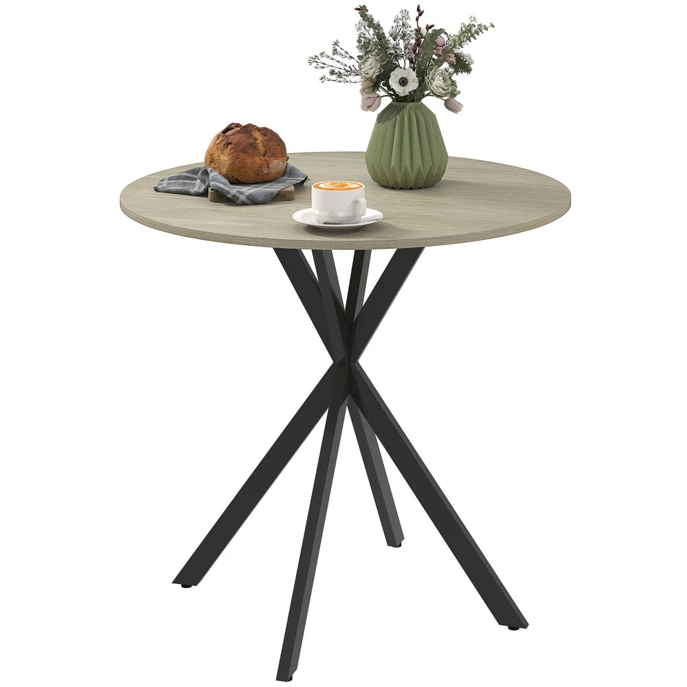 80cm Round Dining Table with Cross Steel Legs for Dining Room, White Oak