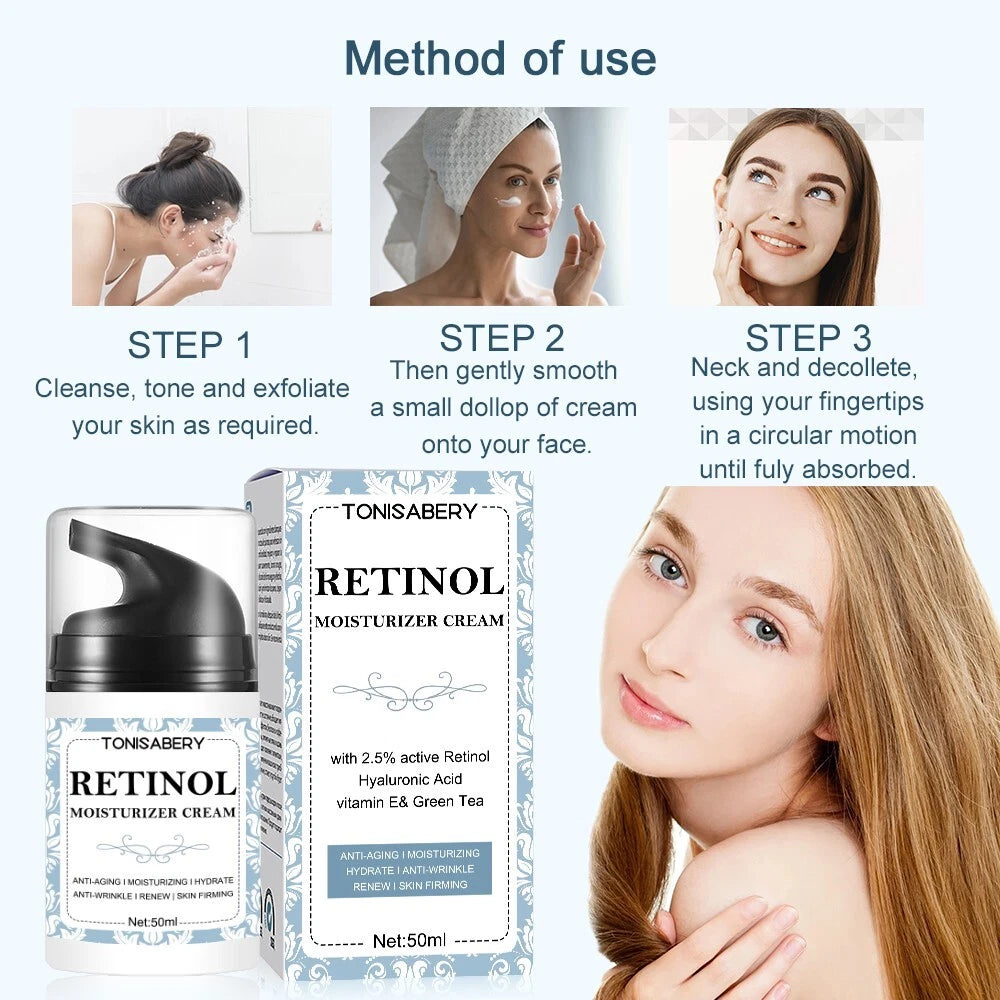 2.5% Retinol Moisturiser cream, Hyaluronic Acid, Collagen, Vitamin E, Green tea.