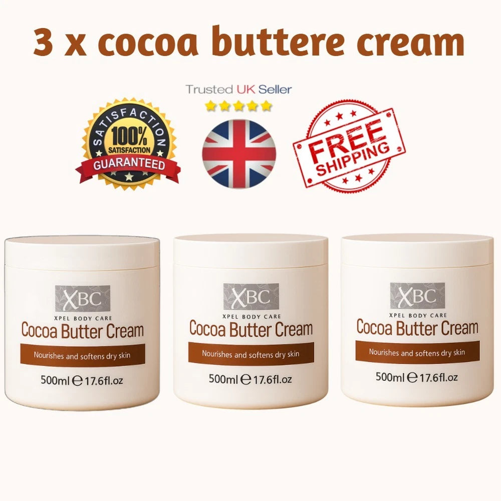 3 x Cocoa Butter Moisturising Cream 500ml Softens Dry Skin and Nourishes