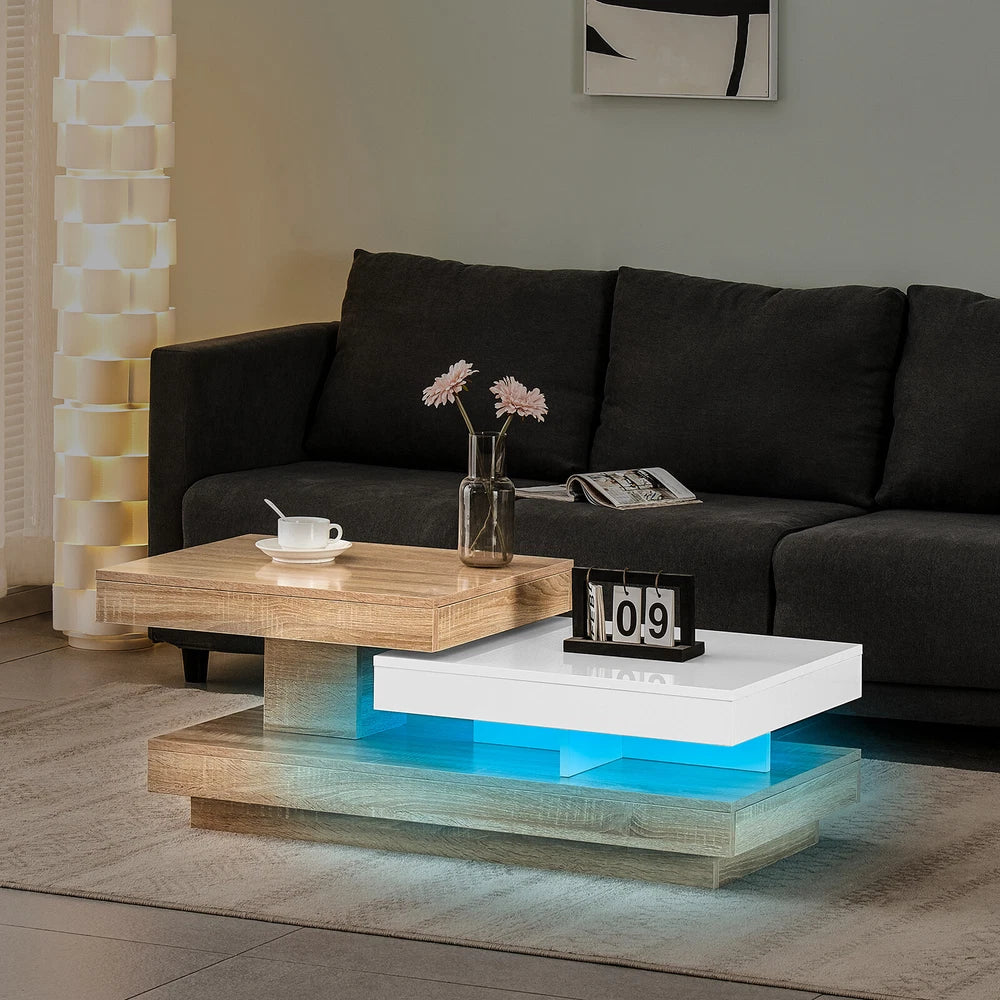 360° Rotating Coffee Table Rectangle w/LED Lights for Living Room