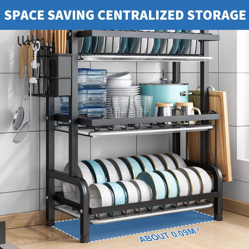 2/3 Tier Kitchen Sink Dish Drainer Rack With Drip Tray Cutlery Holder Plate Rack