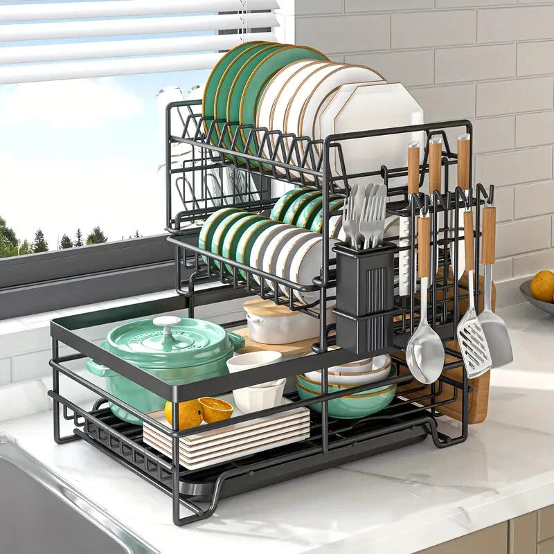 2/3 Tier Kitchen Sink Dish Drainer Rack With Drip Tray Cutlery Holder Plate Rack