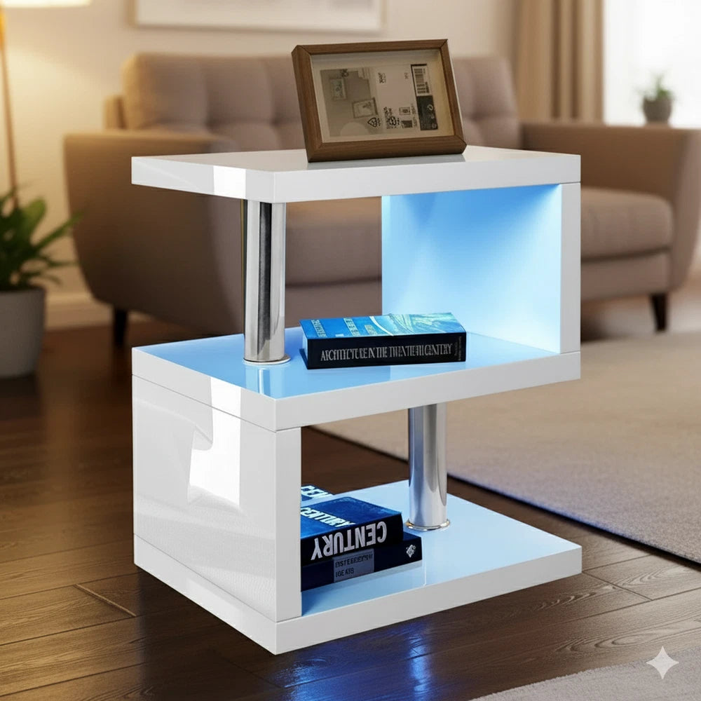 Small Side Table With Storage LED High Gloss Sofa End Coffee Table Living Room