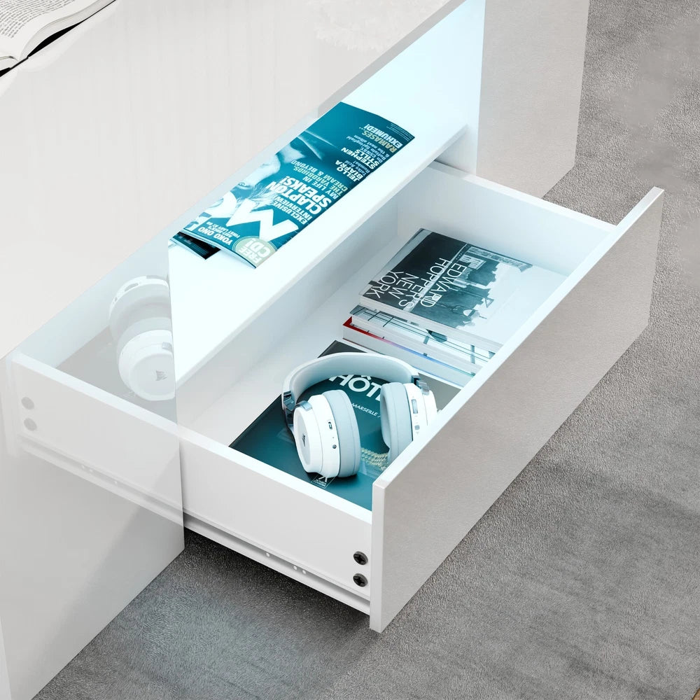 LED Coffee Table Wooden 2 Drawer Storage High Gloss Modern Living Room Furniture