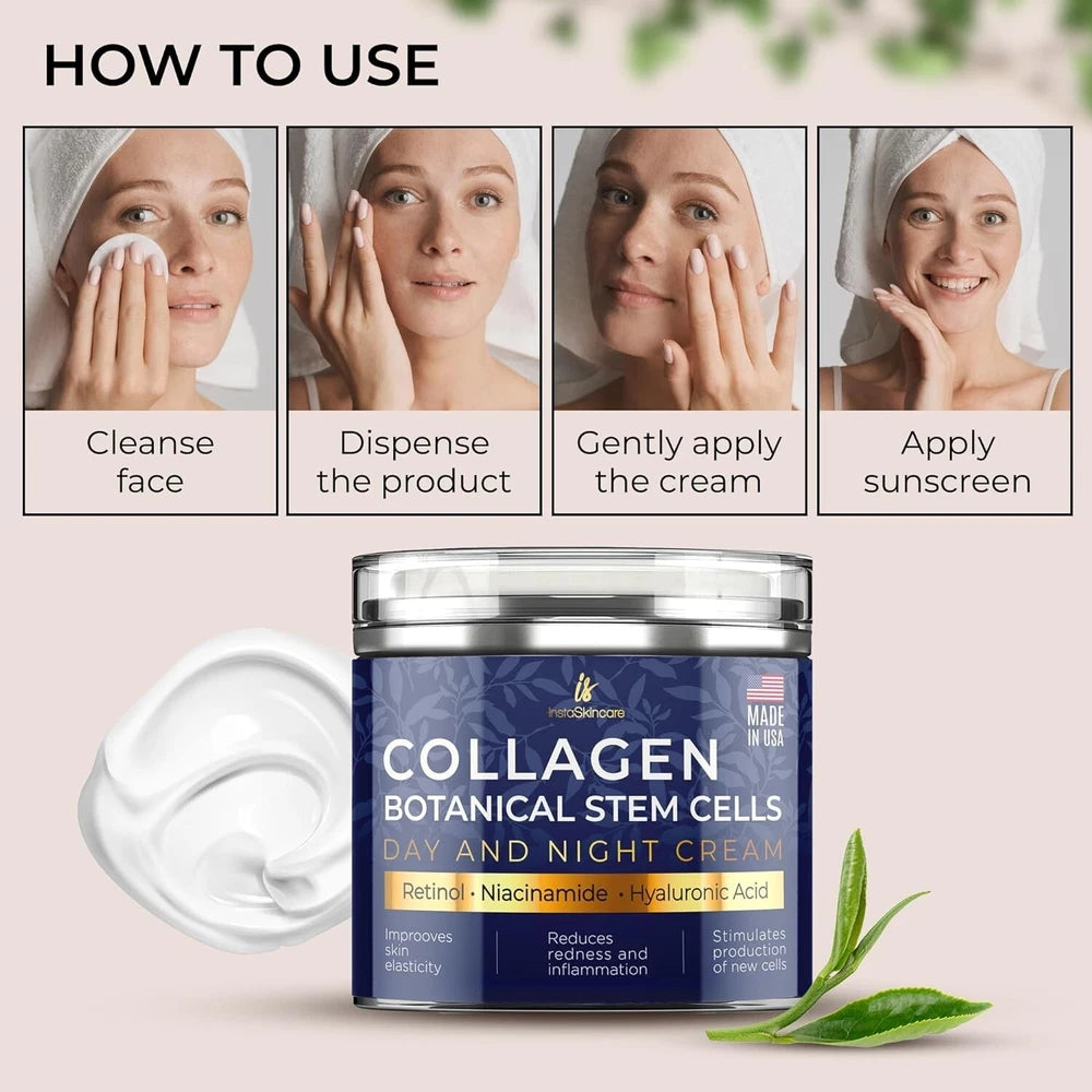 Collagen Cream for Face with Airless Pump Anti-Aging Botanical Stem Cells 1.7oz
