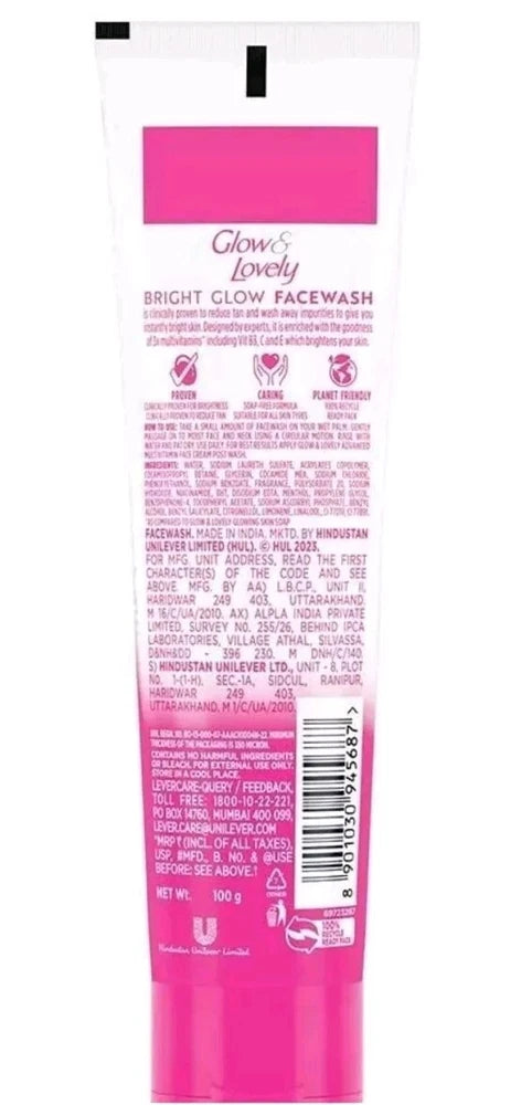 2 X 100g GLOW & LOVELY BRIGHT GLOW FACE WASH 3X MULTI VITAMINS SOAP FREE FORMULA