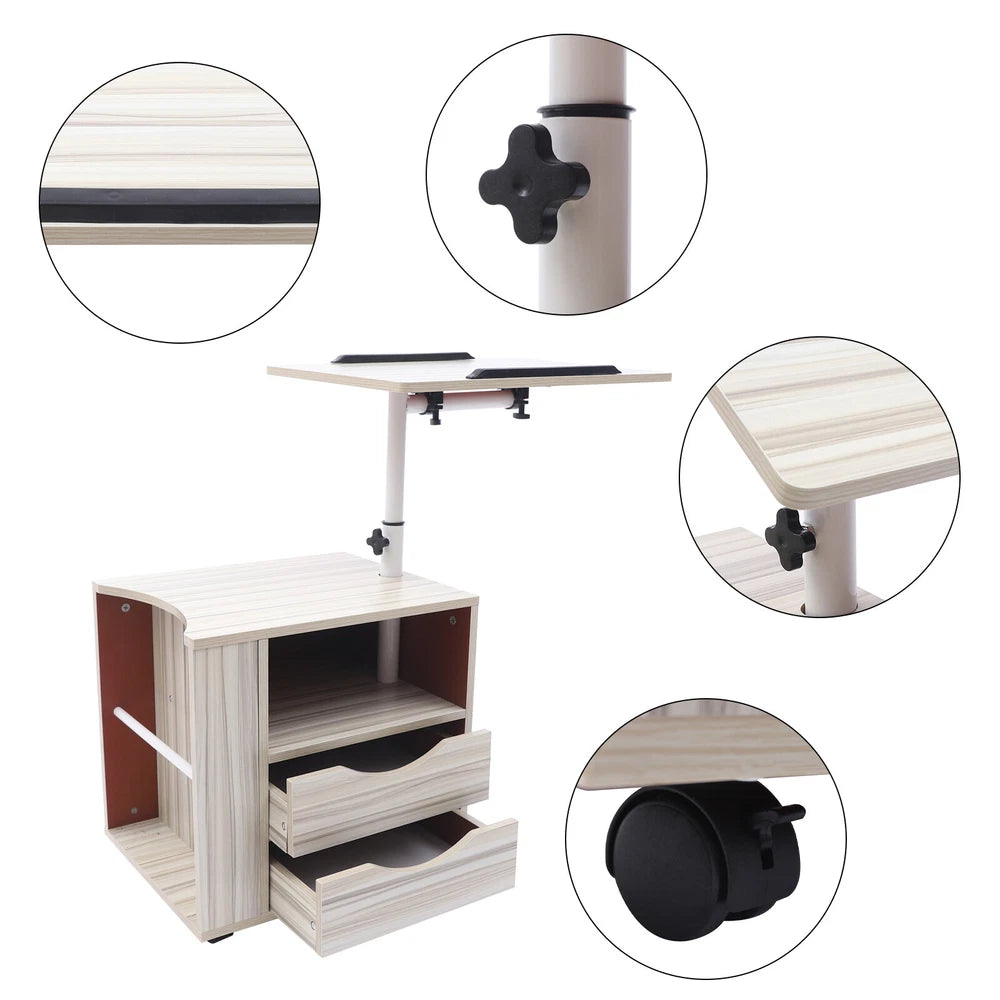 Laptop Desk Bedside Table with Lift Up Top - Modern Nightstand 2 Drawers w/Wheel
