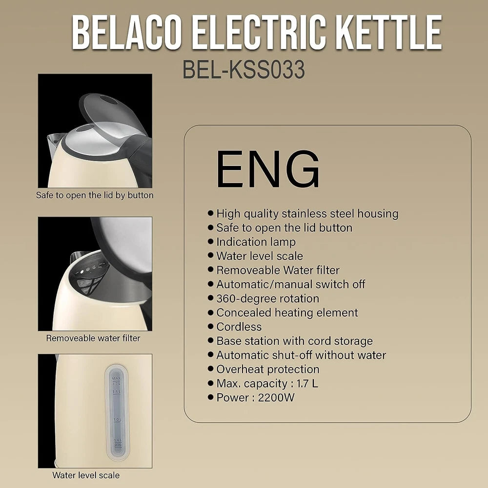 Belaco Electric Kettle Stainless Steel 1.7L,  2200w Fast Boil Cordless 360°