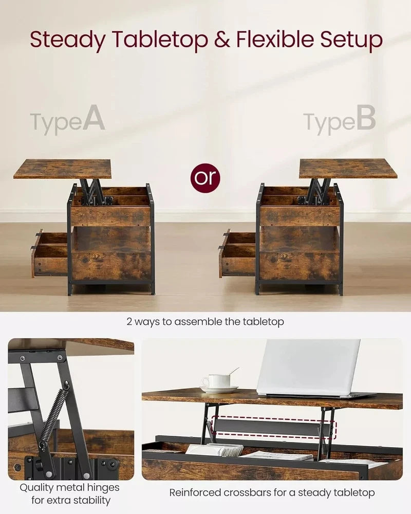 Coffee Table With Storage Lift Top Up Drawer Shelf Wooden Living Room Furniture