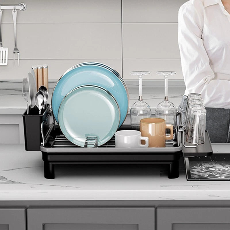 2 TIER KITCHEN SINK DISH DRAINER RACK WITH DRIP TRAY CUTLERY HOLDER PLATE RACK