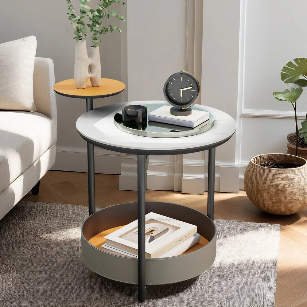 3Tier Side End Table Accent Couch Beside Table with Leather Tray Top Metal Frame