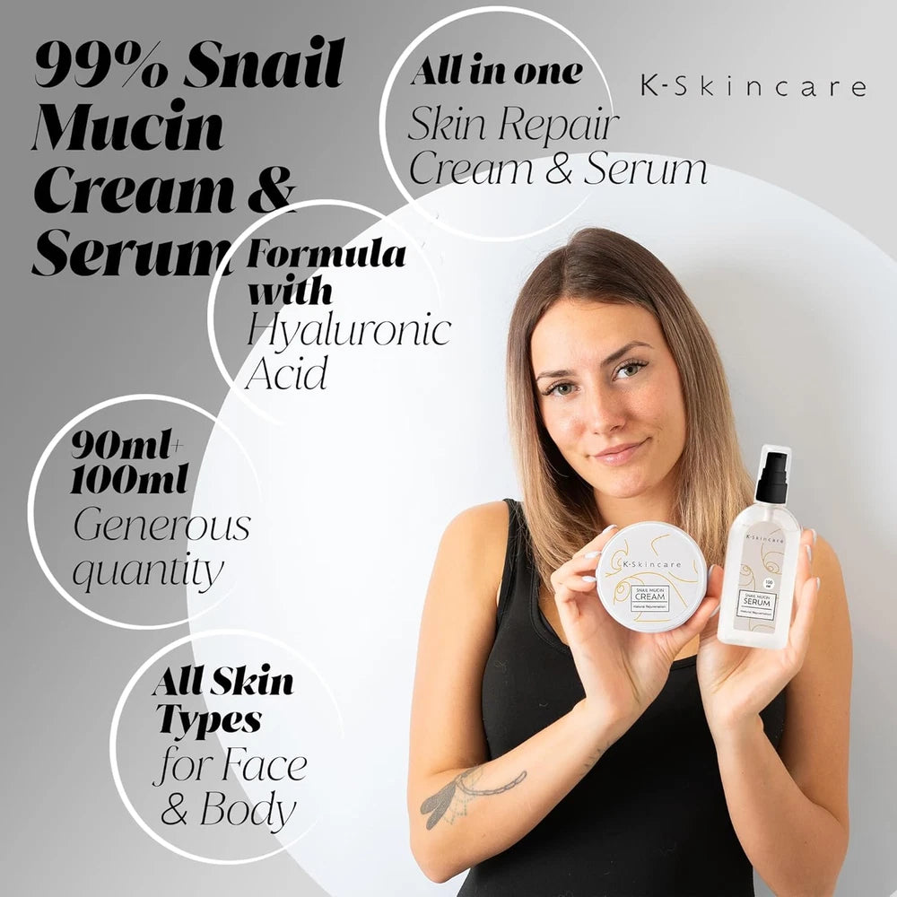 x2 Snail Mucin Cream + Serum & Hyaluronic Acid - All In One Advanced Skin Repair