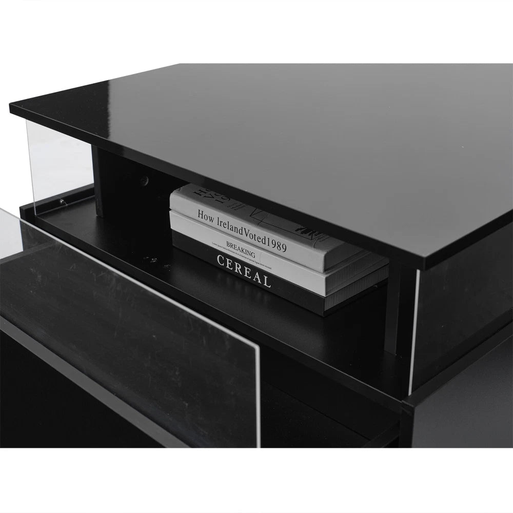 Coffee Table with LED Square High Gloss Black Storage Tea Table for Living Room