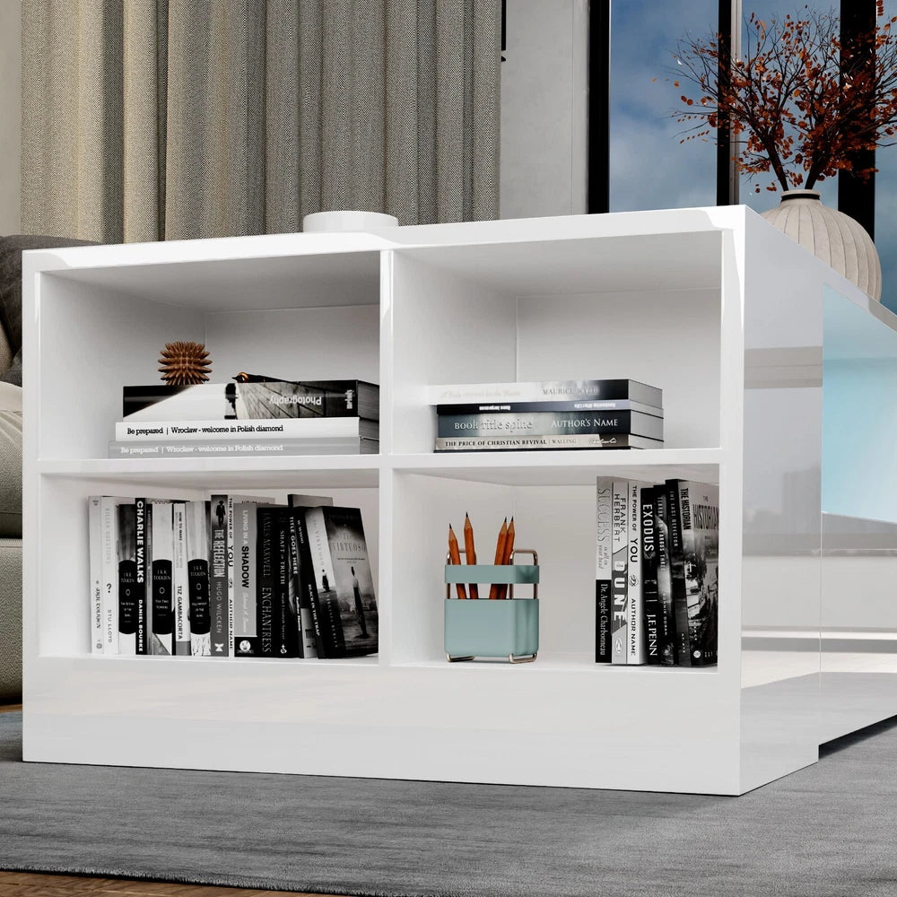 LED Coffee Table Wooden 2 Drawer Storage High Gloss Modern Living Room Furniture