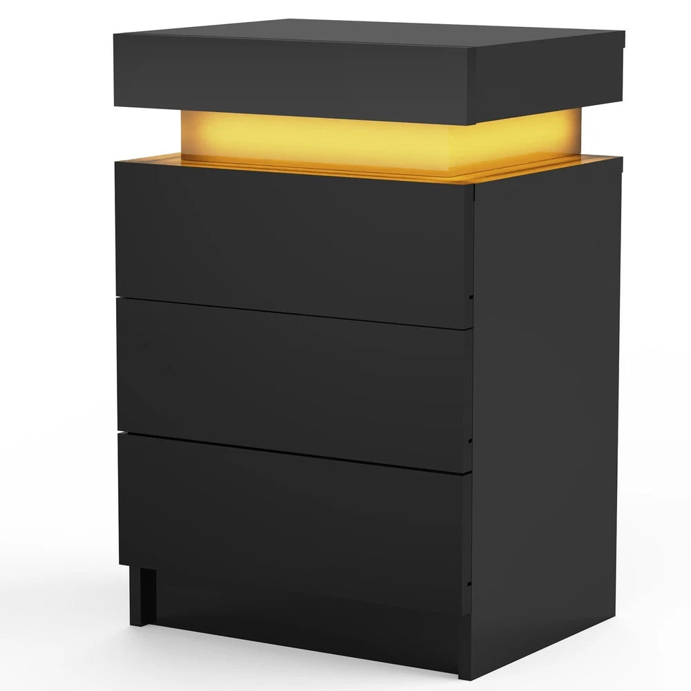 High Gloss 2/3 Drawer Bedside Table Cabinet LED RGB Light Storage Nightstand
