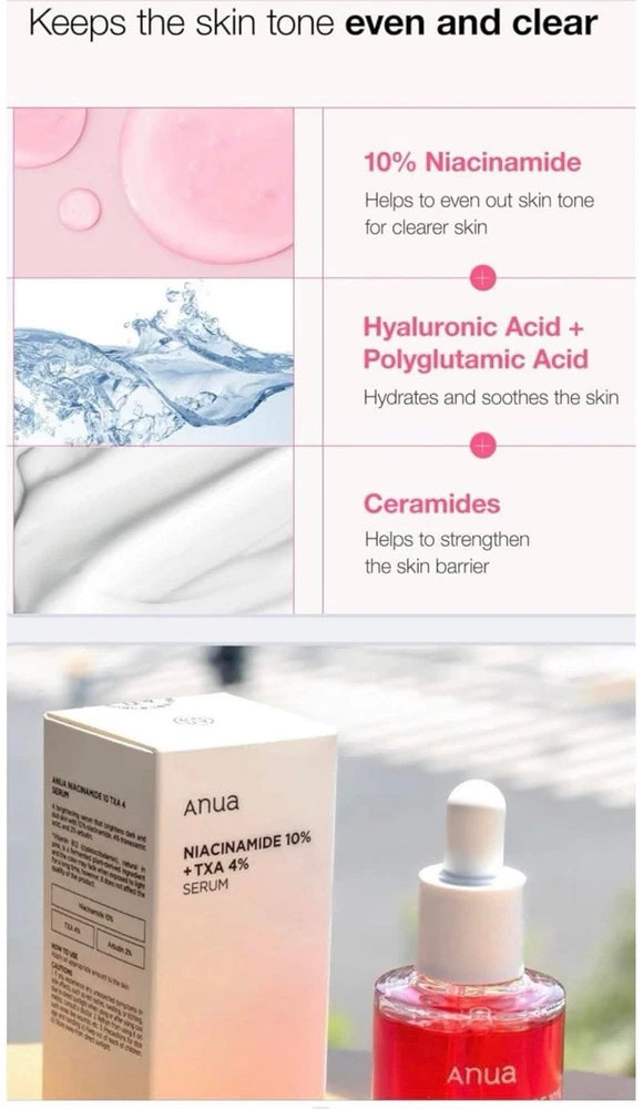 Anua Niacinamide Skincare 10% + TXA 4% Facial Serum, 30ml, Original in Box.
