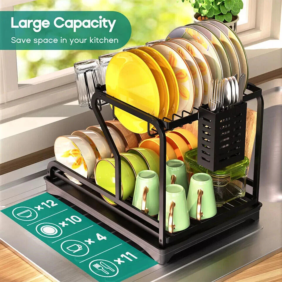 2 Tier Kitchen Sink Dish Drainer Rack With Drip Tray Cutlery Holder Plate Rack