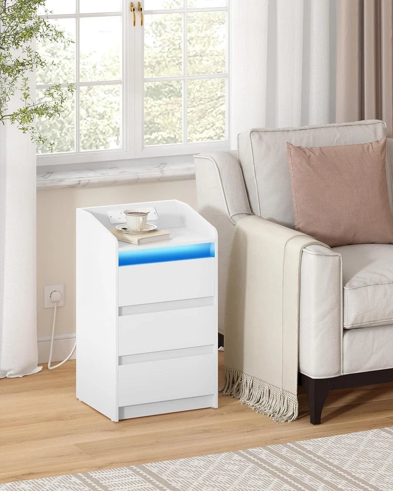 LED Bedside Table 3 Drawers Storage Cabinet Nightstand with Charging Statio