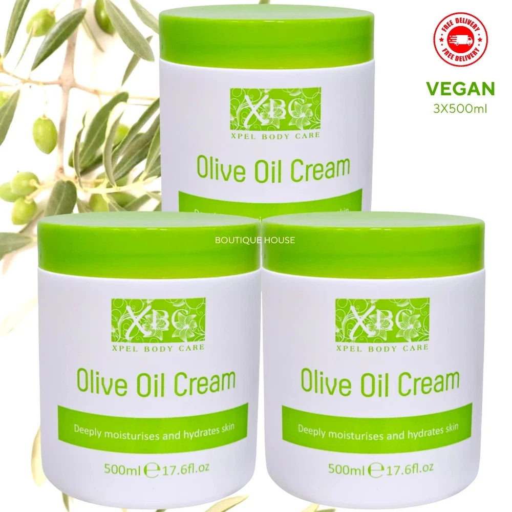 3 x 500ml XBC Olive Oil Cream Tub Deeply Moisturises  Dry & Sensitive skin VEGAN
