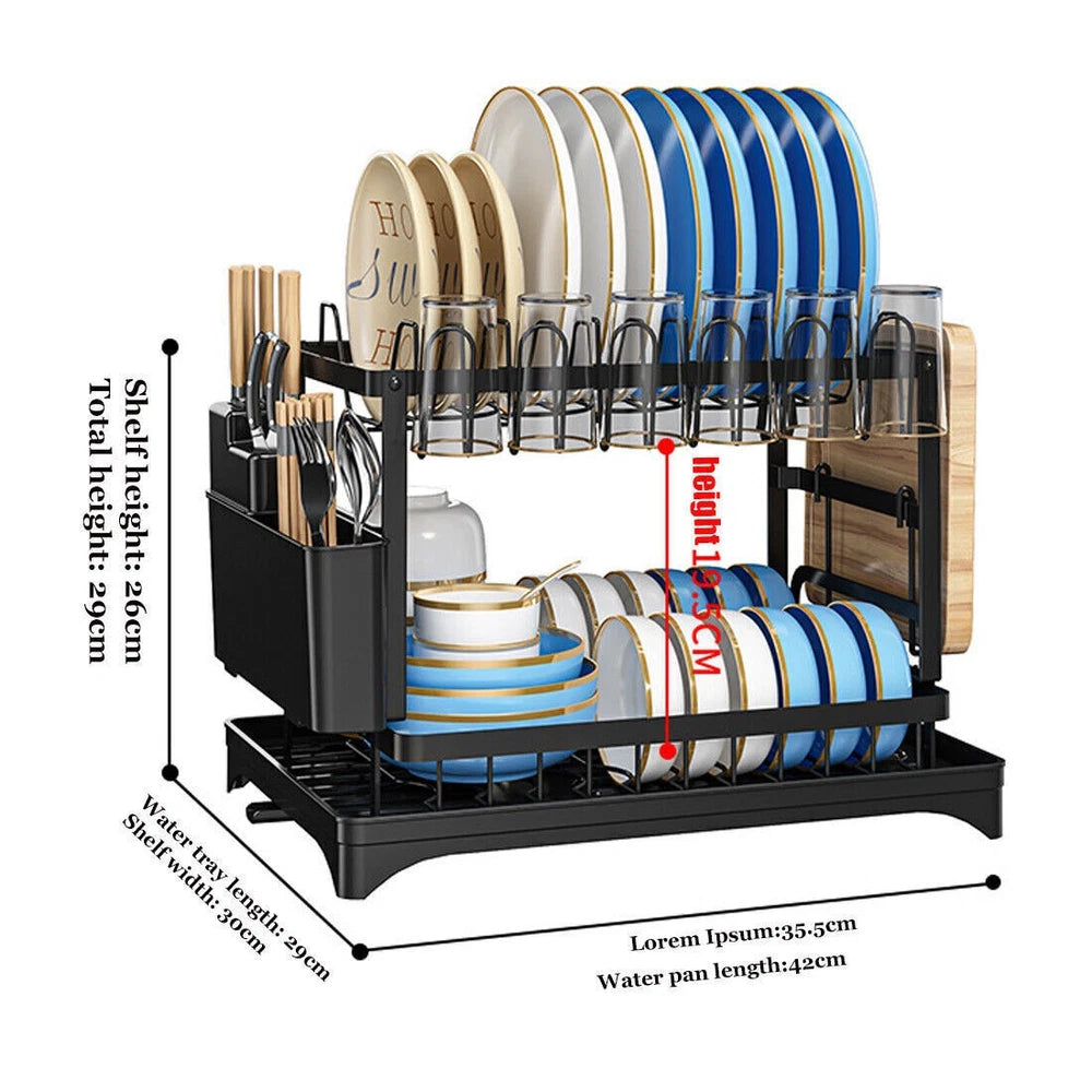 2 TIER KITCHEN SINK DISH DRAINER RACK WITH DRIP TRAY CUTLERY HOLDER PLATE RACK