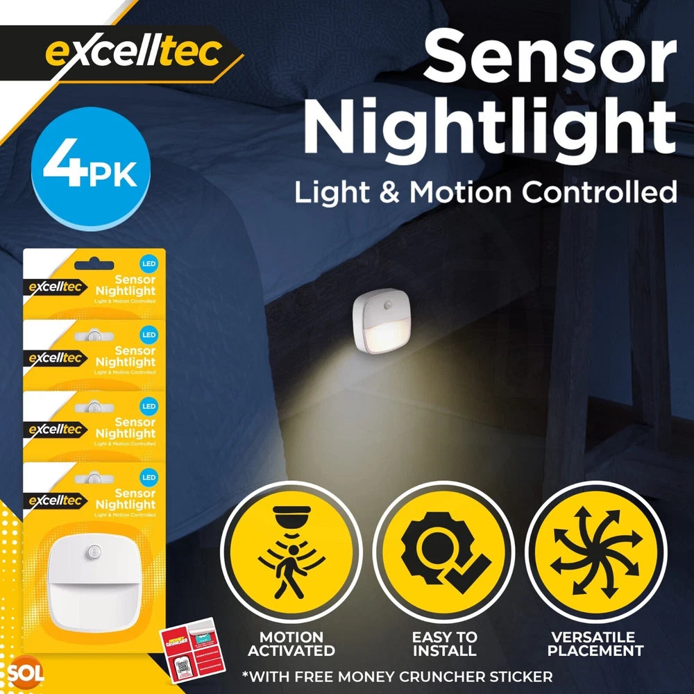 4-12pk LED PIR Motion Sensor Night Light Lamp Wireless Battery Stair Cabinet