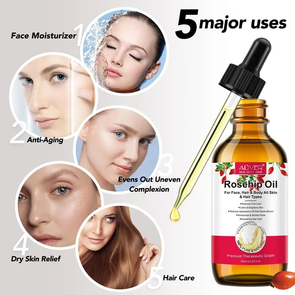 Rosehip Oil, 100% Pure & Natural Cold Pressed Pure Rose Hip Best Facial Oil 60ml