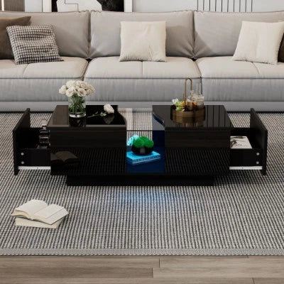 Led Coffee Table With 2 Drawer Storage, High Gloss Coffee Table For Living Room