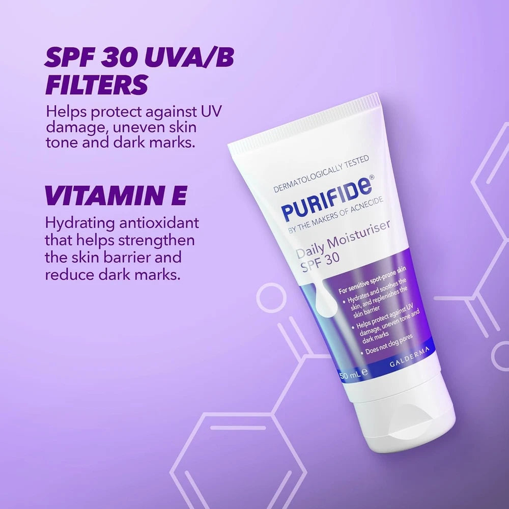 PURIFIDE by Acnecide Moisturiser SPF 30 50ml Face Sun Cream For Acne Prone Skin