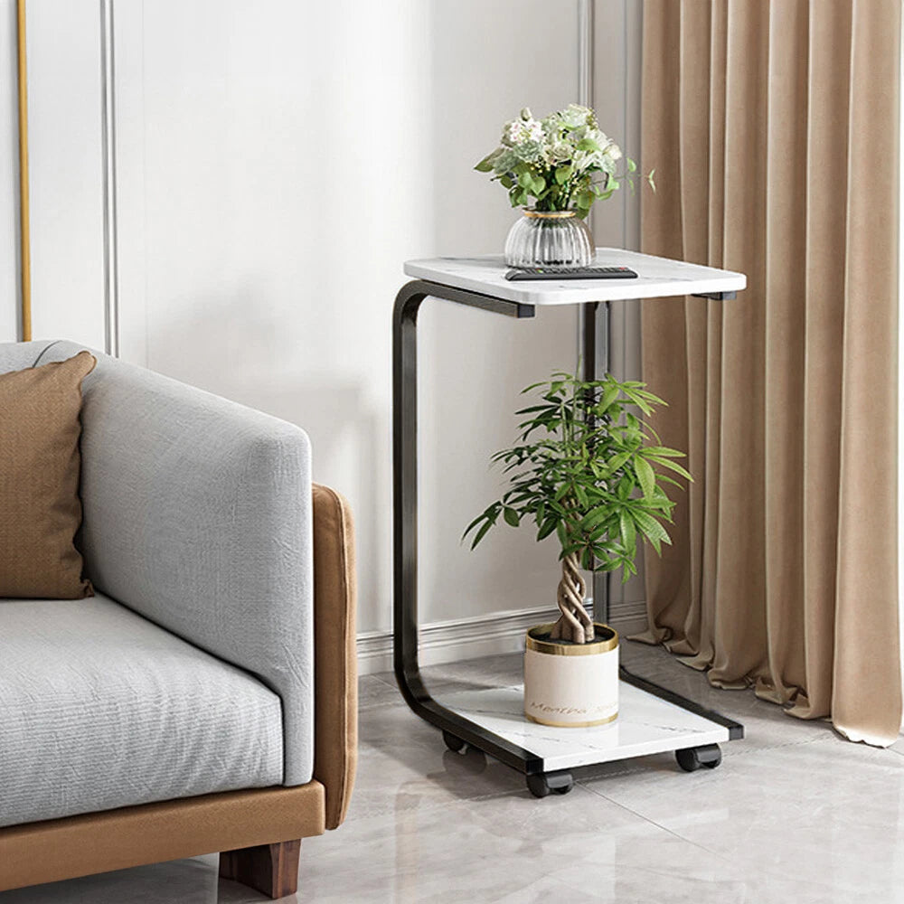 C-Shaped Compact Sofa Side End Table Coffee Laptop Table Living Room W/ Wheels