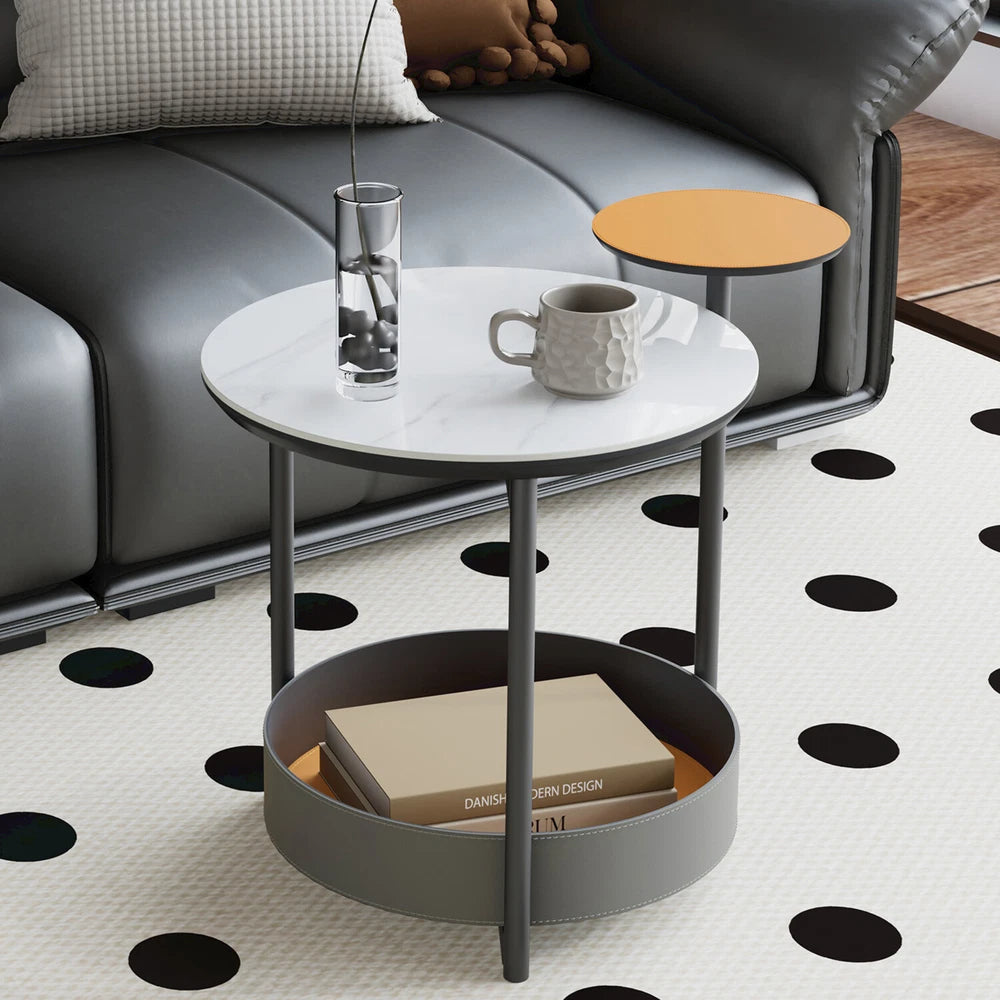 3Tier Side End Table Accent Couch Beside Table with Leather Tray Top Metal Frame