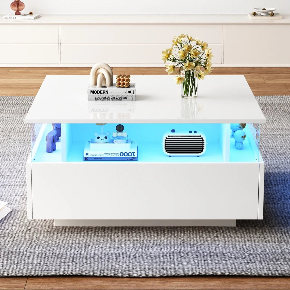 Coffee Table with LED Square High Gloss White Storage Tea Table for Living Room