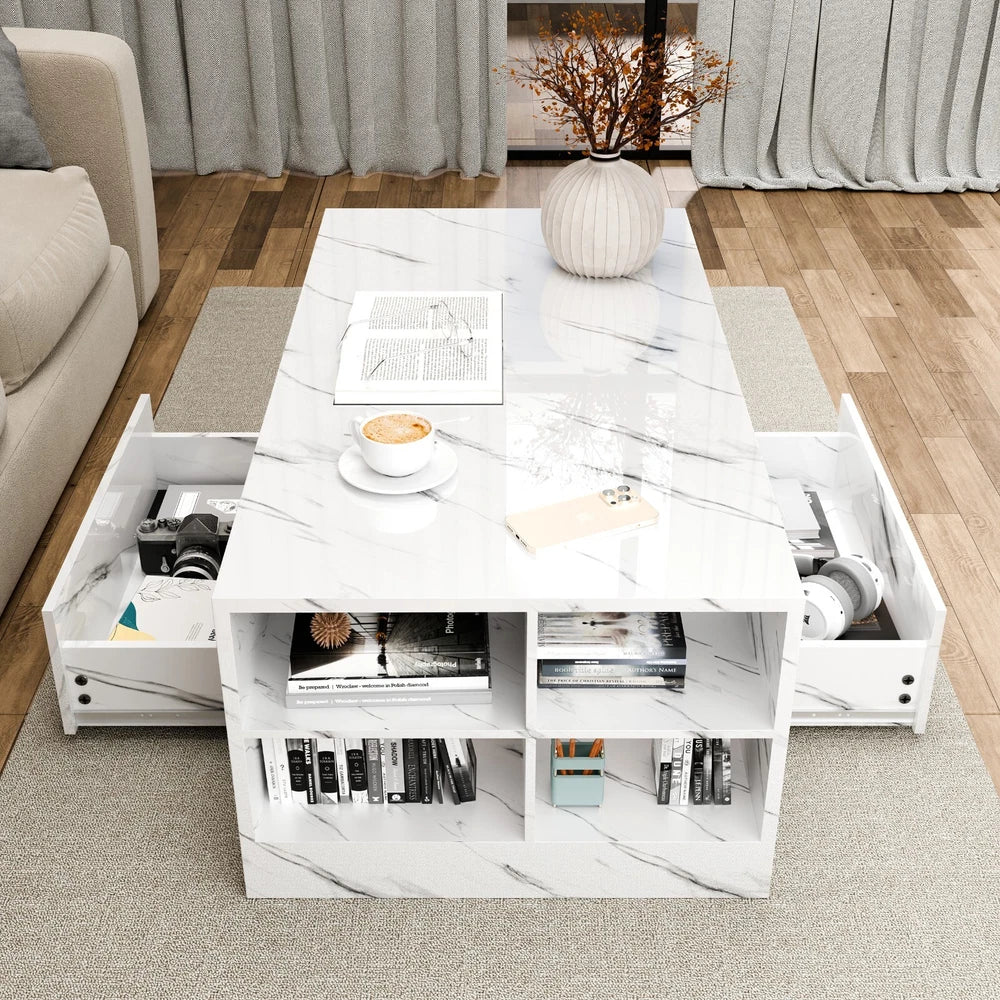 LED Coffee Table Wooden 2 Drawer Storage High Gloss Modern Living Room Furniture