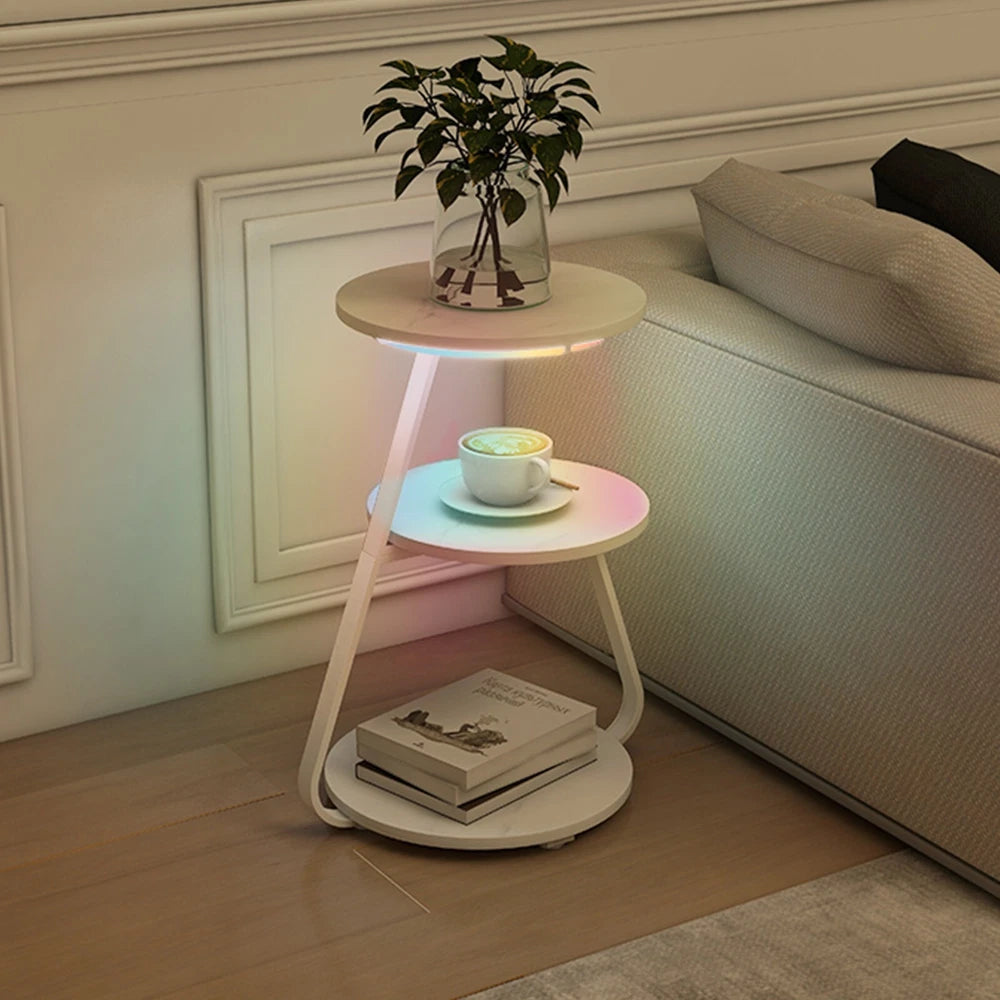 3-Tier Sofa Side Table LED Lighted Bedside Living Room End Table with Storage