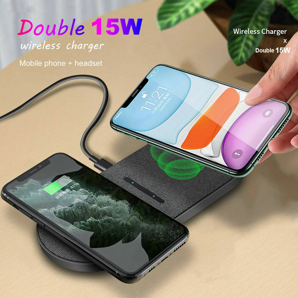 30W Dual Wireless Charger Pad Fast Charging Station For Apple iPhone/Samsung
