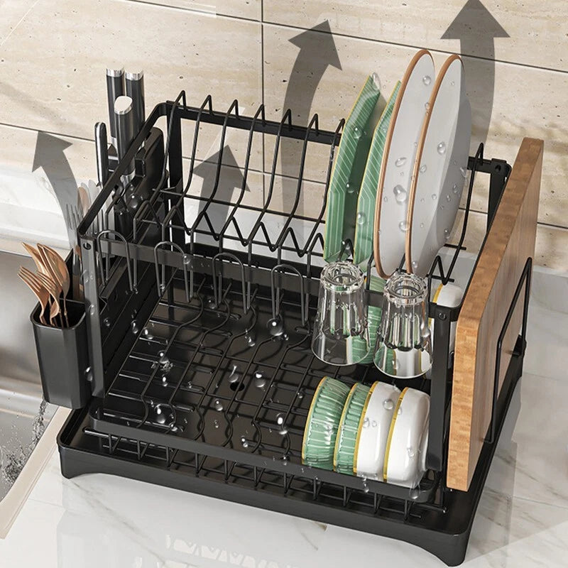 2 TIER KITCHEN SINK DISH DRAINER RACK WITH DRIP TRAY CUTLERY HOLDER PLATE RACK