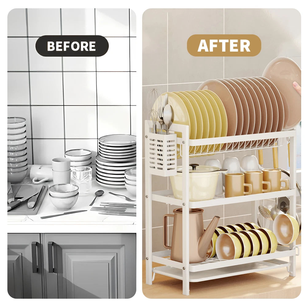 3 TIER KITCHEN SINK DISH DRAINER RACK WITH DRIP TRAY CUTLERY HOLDER PLATE RACK