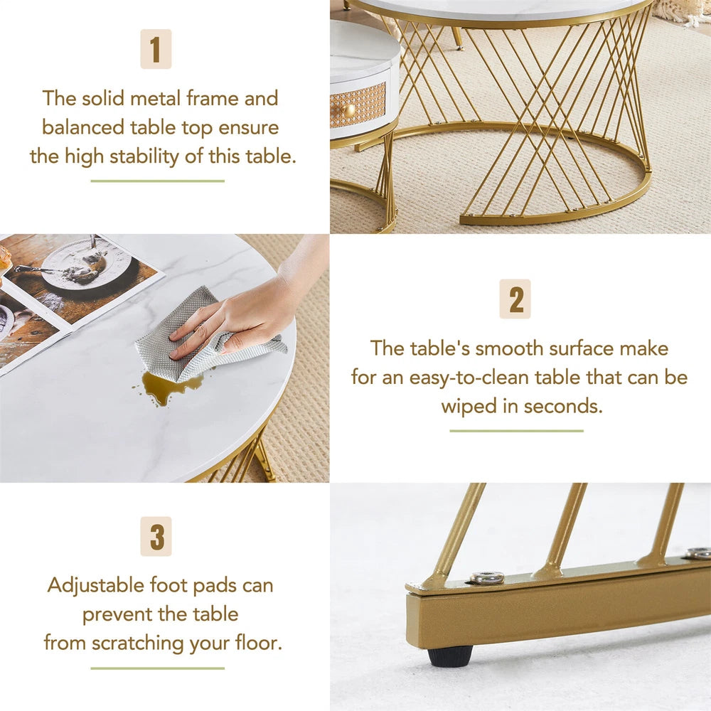 Nesting Coffee Table Set of 2 Living Room Marble Look Side End Table with Drawer