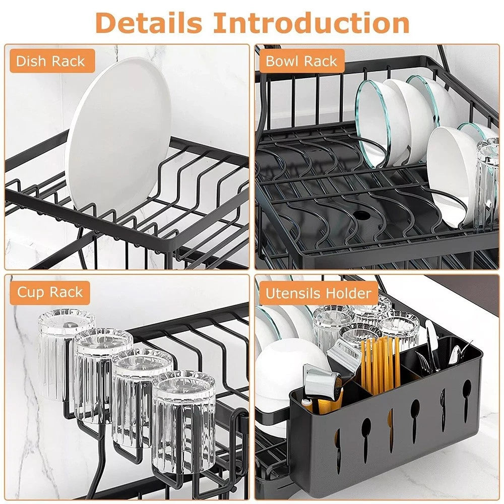 2 TIER KITCHEN SINK DISH DRAINER RACK WITH DRIP TRAY CUTLERY HOLDER PLATE RACK