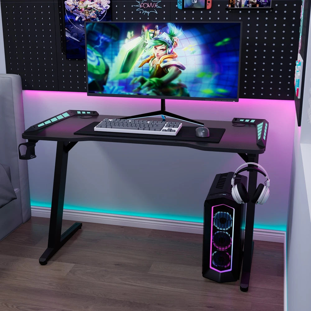 Gaming Desk LED RGB Computer Table Workstation w/ Cup Holder & Headphone Hook