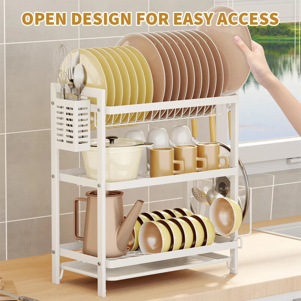 3 Tier Dish Drainer Rack with Drip Tray Cutlery Holder Plate Rack Kitchen Sink