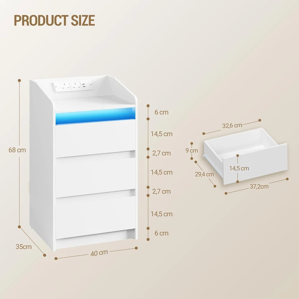 LED Bedside Table 3 Drawers Storage Cabinet Nightstand with Charging Statio