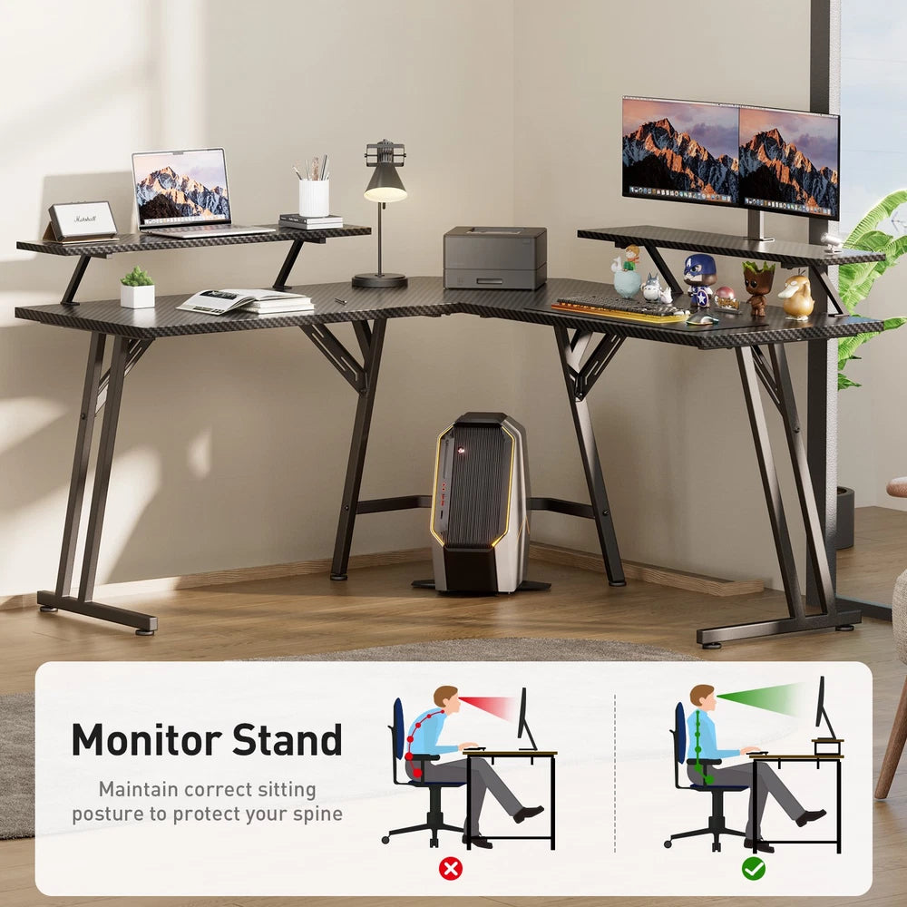 L Shaped Gaming Desk with LED Lights, Computer Desk with Monitor Stand, Black