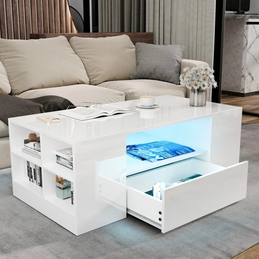 LED Coffee Table Wooden 2 Drawer Storage High Gloss Modern Living Room Furniture