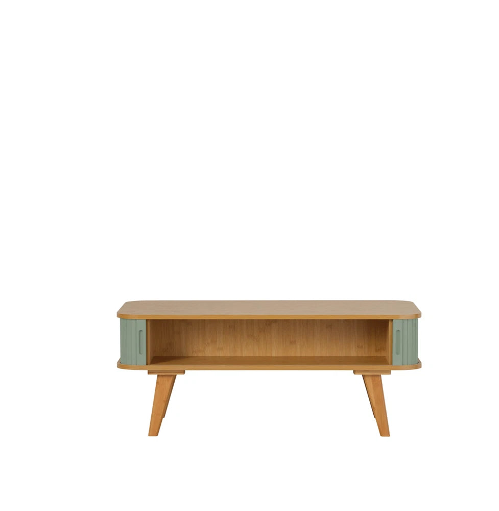 Bamboo Coffee Table with Sage Green Sliding Doors 400mm H x 1000mm W x 500mm D