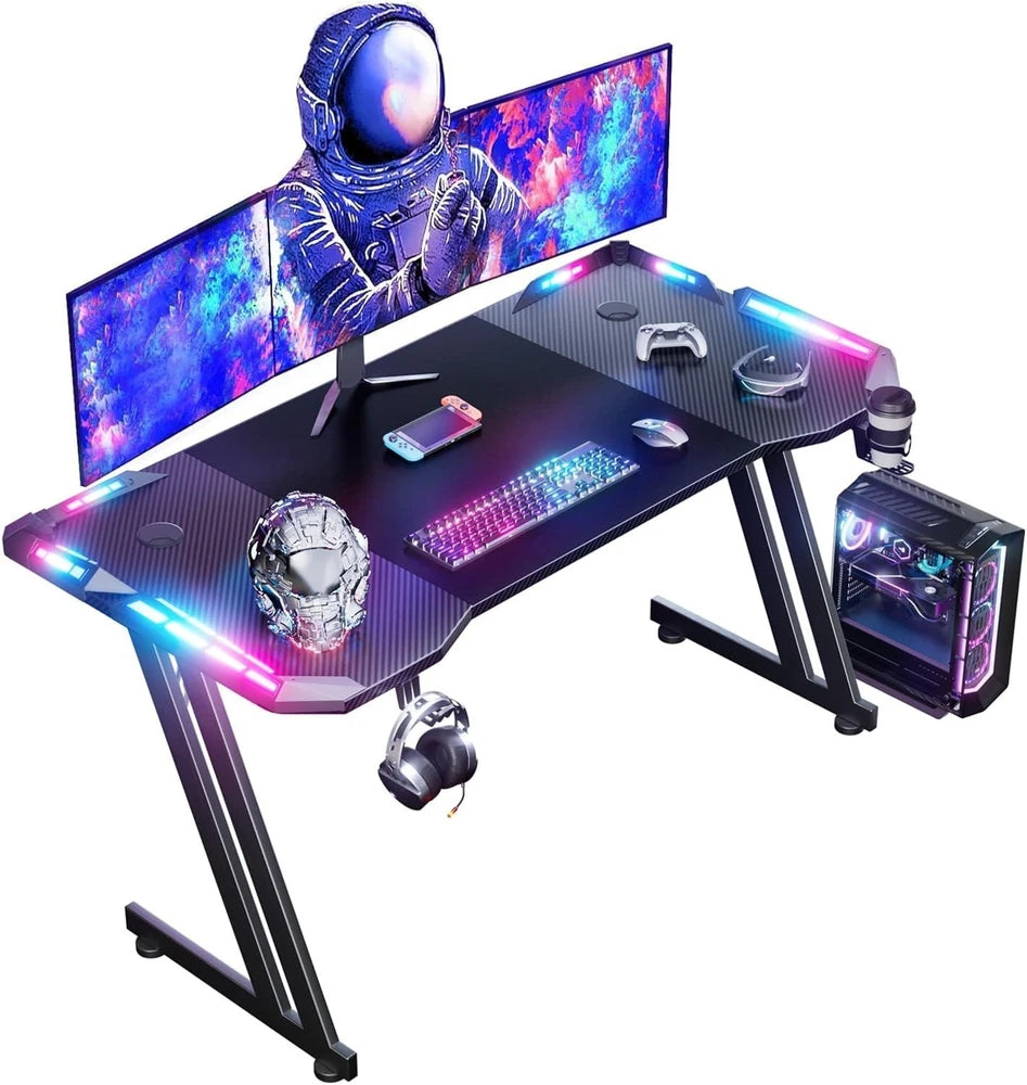 LED Gaming Desk with Power Outlets and Monitor Stand 100 x 60cm Black