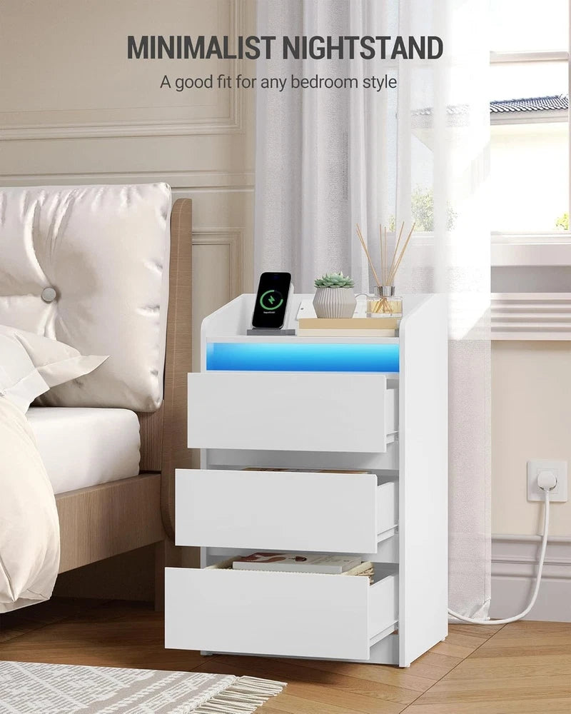 LED Bedside Table 3 Drawers Storage Cabinet Nightstand with Charging Statio