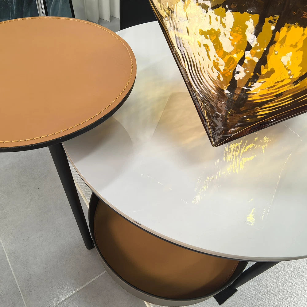 3Tier Side End Table Accent Couch Beside Table with Leather Tray Top Metal Frame